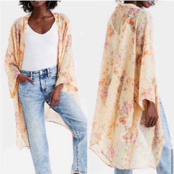 AMERICAN EAGLE floral chiffon open front kimono yellow cover-up cardigan… - Picture 1 of 14